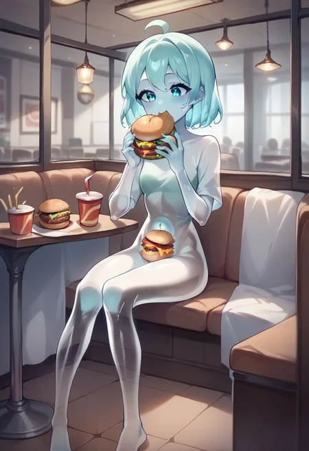 score_9, score_8_up, score_7_up, solo, 1girl, translucent girl, ghost girl, indoors, restaurant, sitting, burger, eating burger, burger in stomach,