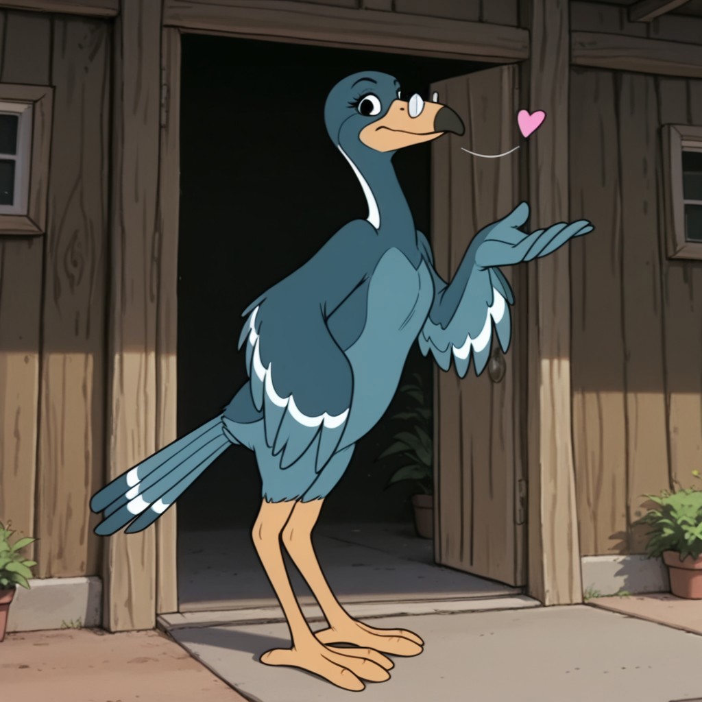 masterpiece, best quality, amazing quality, Magpiebbil, semi-anthro, female, bird, blue feathers, black eyes, glasses, winged arms, standing, outside, looking at viewer, blowing kiss