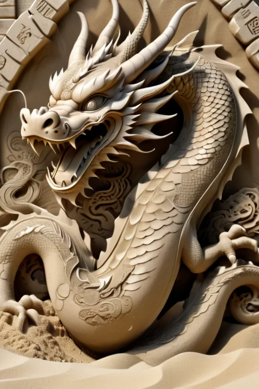 <lora:Dragon_Engraving:0.8> dragon engraving on a sand castle, 8k resolution,