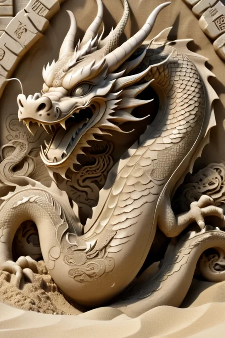 <lora:Dragon_Engraving:0.8> dragon engraving on a sand castle, 8k resolution,