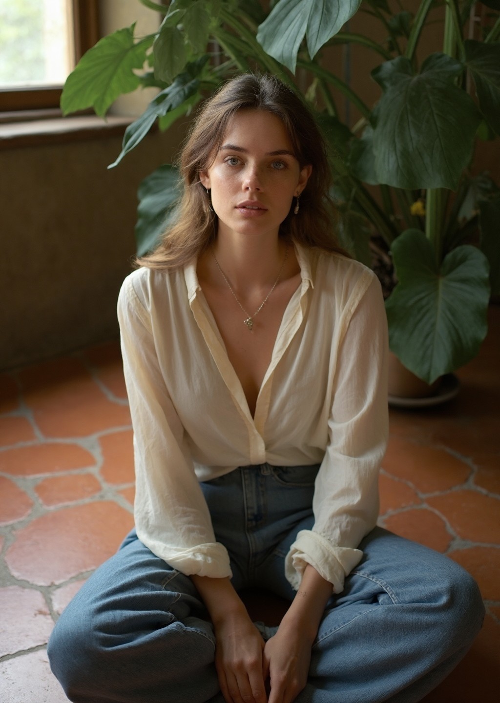 This photograph captures a serene and introspective moment of a young woman seated on a hexagonal terracotta floor, surrounded by lush greenery and warm, earthy tones. The subject, dressed in a soft, cream-colored blouse and loose-fitting blue pants, exudes a sense of calm and contemplation as she gazes directly at the camera.

The image is bathed in a soft, natural light, which pours in through a nearby window, casting a gentle glow on the subject's features. The subtle shadows and highlights accentuate the textures of her clothing and the surrounding foliage, adding depth and visual interest to the scene.

The camera angle is slightly above eye level, which creates a sense of intimacy and closeness to the subject. The lens captures the subtle play of light on her face, highlighting the gentle curves of her features and the softness of her expression.

This image is suitable for all audiences and is not suggestive or explicit in any way. It is a peaceful and contemplative portrait that invites the viewer to pause and appreciate the quiet beauty of the scene.