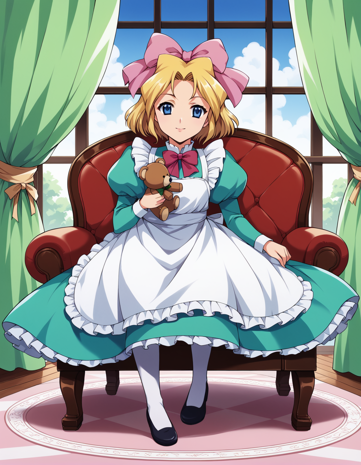 score_9, score_8_up, score_7_up, score_6_up, score_5_up, score_4_up, source_anime, rating_safe, 1990s \(style\), BREAK <lora:irisXL_LoRA-C3Lier_AdamW_Dim16_Alpha16_UN-3e-4_TE-1.5e-4_6batch_ponyDiffusionV6XL_v6StartWithThisOne:1>, iris chateaubriand, 1girl, blonde hair, short hair, hair bow, blue eyes, pink bow, red bowtie, frilled apron, frilled dress, green dress, juliet sleeves, white ribbon, long sleeves, white pantyhose, shoes, sitting, holding stuffed toy, teddy bear, :o, table, chair, curtains, window, window shade, mansion, carpet