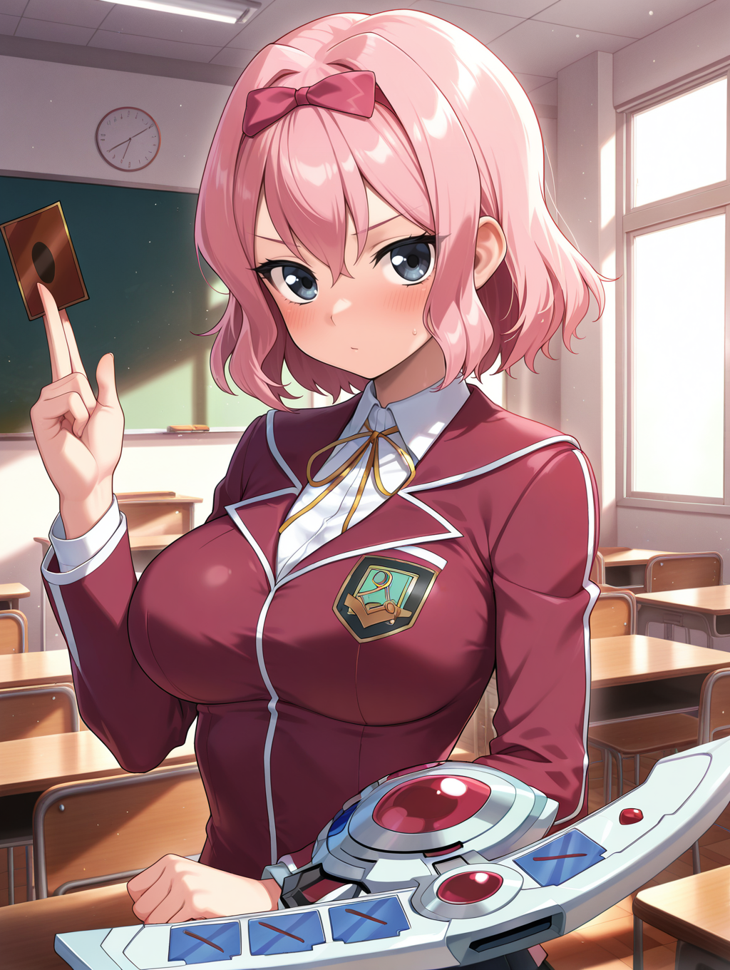 tsan dire,duel academy uniform \(yu-gi-oh! 5d's\),solo,1girl,card \(yu-gi-oh!\),blush,looking at viewer,upper body,closed mouth,large breasts,pink hair ribbon,card between fingers,yellow neck ribbon,red blazer,white collared shirt,black miniskirt,duel disk \(yu-gi-oh! 5d's\),indoors, classroom, 
masterpiece,best quality,amazing quality,very aesthetic,absurdres,newest,<lora:Tsan Dire illusXL v1:0.76>,