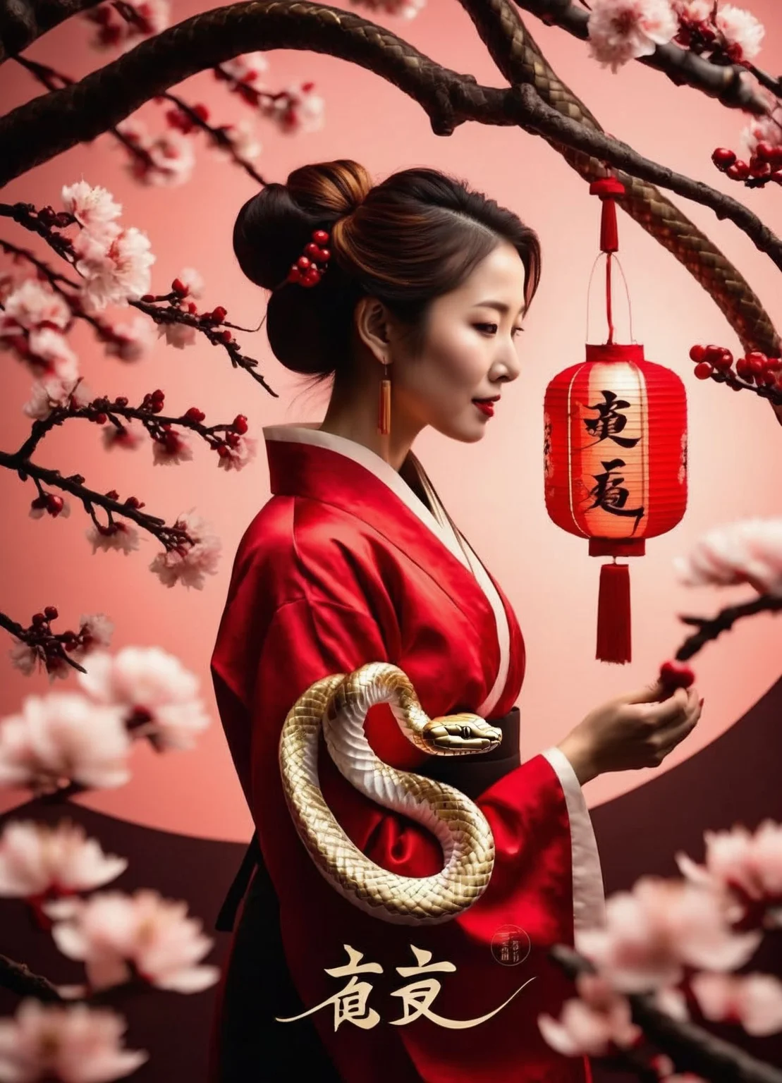yearofthesnake, "2025" text, woman holding a snake, paper lantern, close-up, calligraphy, cherry blossom tree, detailed background, (fireworks)
<lora:yearofthesnake:.7>