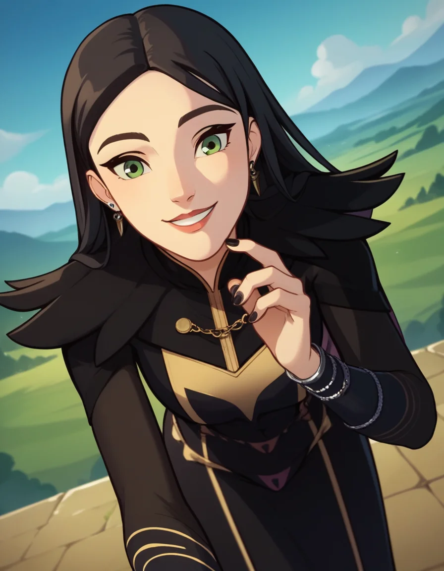 score_9, score_8_up, score_7_up, source_anime, <lora:dragon-prince-claudia-ponyxl-lora-nochekaiser:1>, claudia, long hair, black hair, green eyes, lips,, long sleeves, dress, jewelry, earrings, nail polish, black dress, black nails,, landscape, bent over, smile,, looking at viewer, solo, cowboy shot, dutch angle