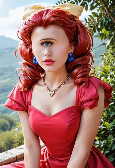 score_9, score_8_up, score_7_up, score_6_up, <lora:PMJessebelle_epoch_7:0.8>, PMJessebelle, blue eyes, red hair, drill hair, yellow bow, hair bow, earrings, lipstick, pink lips,
pearl necklace, red dress, shoulder pads,
leaning forward, serious, looking at viewer, facing viewer, hand on own knee, cowboy shot,
BREAK day, sunlight, outdoors,
gorgeous lips, cinematic, (masterpiece), (best quality), (ultra-detailed), very aesthetic, illustration, perfect composition, intricate details, absurdres, (realistic, ultrarealistic, masterpiece, intricate:1.3), (best quality, hires textures, high detail:1.2), (4k), (incredibly detailed:1.4), (masterpiece, best quality:1.2), cyclopsgirl, thinmonobrow, masterpiece,best quality,