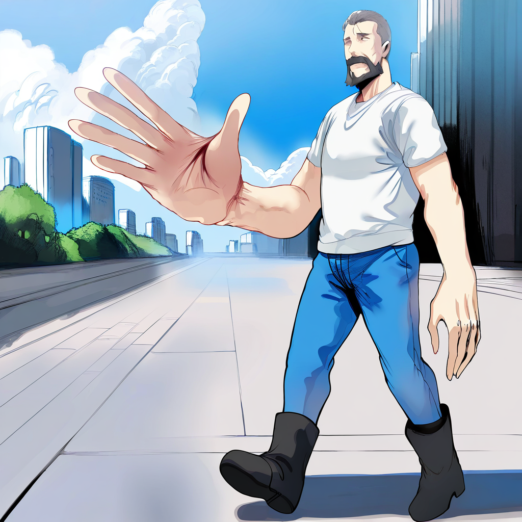 sfw, masterpiece, best quality,absurderes, <lora:HyperIllustrious:1>, hews,1boy,solo,mature male,beard,hyper hands,full body,outdoors,city,building,sidewalk,t-shirt,jeans,boots