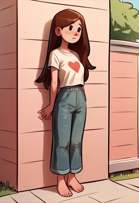 score_9, score_8_up, score_7_up, score_6_up, score_5_up,  1girl, solo, full body,
(source_cartoon),
<lora:Mal (Storybooth) (Pony):0.85>
Mal_Storybooth, brown hair, long hair, straight hair, dot eyes,
outdoors, detailed background,
<lora:Expressive_H:0.7> Expressiveh,
<lora:add-detail-xl:0.9>