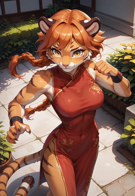 safe_pos, score_9, score_8_up, score_7_up, highres, high quality, perfection, masterpiece, Expressiveh,
outdoors, garden,
1girl, solo, no humans, dynamic angle, front view, from above,
(anthro tiger girl: 1.2), detailed fur, tiger fur, beautiful girl, cute girl, young adult, shapely girl, slim body, athletic body, orange hair, braid, detailed face, beautiful face, eyelashes, perfect eyes, detailed eyes, yellow eyes, large breasts, long tail,
chinese clothes, red china dress, back cutout, side slit, wristband,
standing, dynamic pose, fighting stance,