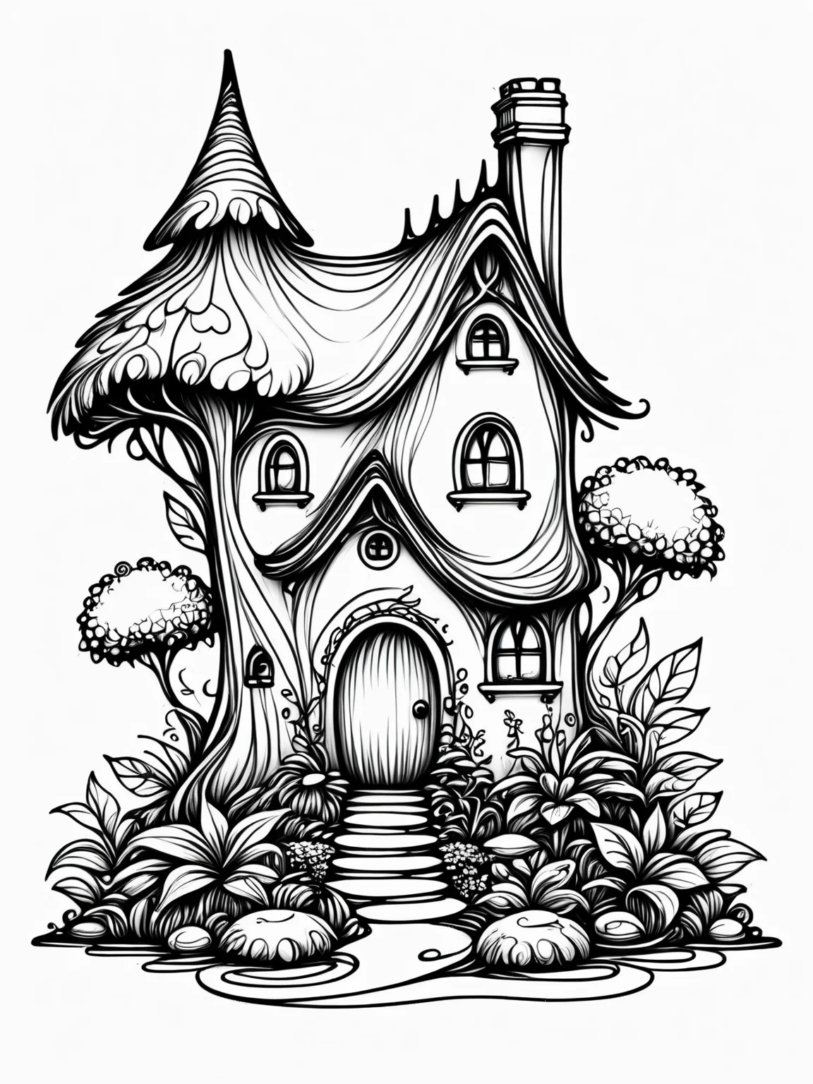A whimsical intricate miniature ais-lineart fairy cottage, surrounded by plants and trees, white background <lora:Line_Art_SDXL:1>