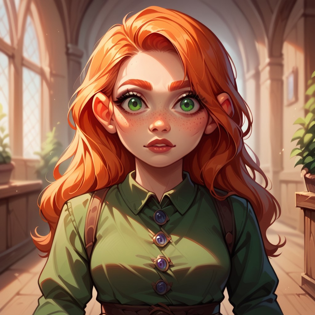 (((detailed, beautiful, high quality))), score_9, score_8_up, score_7_up, solo, upper body,
gnome, short stature, shortstack, big eyes, big ears,
1 girl, female focus, ginger hair, long hair, green eyes, freckles, green shirt, medieval office shirt,
looking at the viewer, posing,
fantasy background, blurred background,