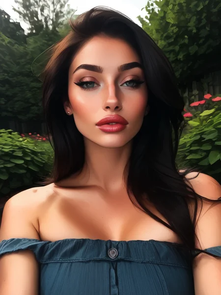 Score_9, score_8_up, score_7_up, bignoselady, large nose, aquiline, <lora:Big_Nose_Ladies:1.3>, 1girl, solo, long hair, black hair, lips, realistic, bare shoulders, garden background, parted lips