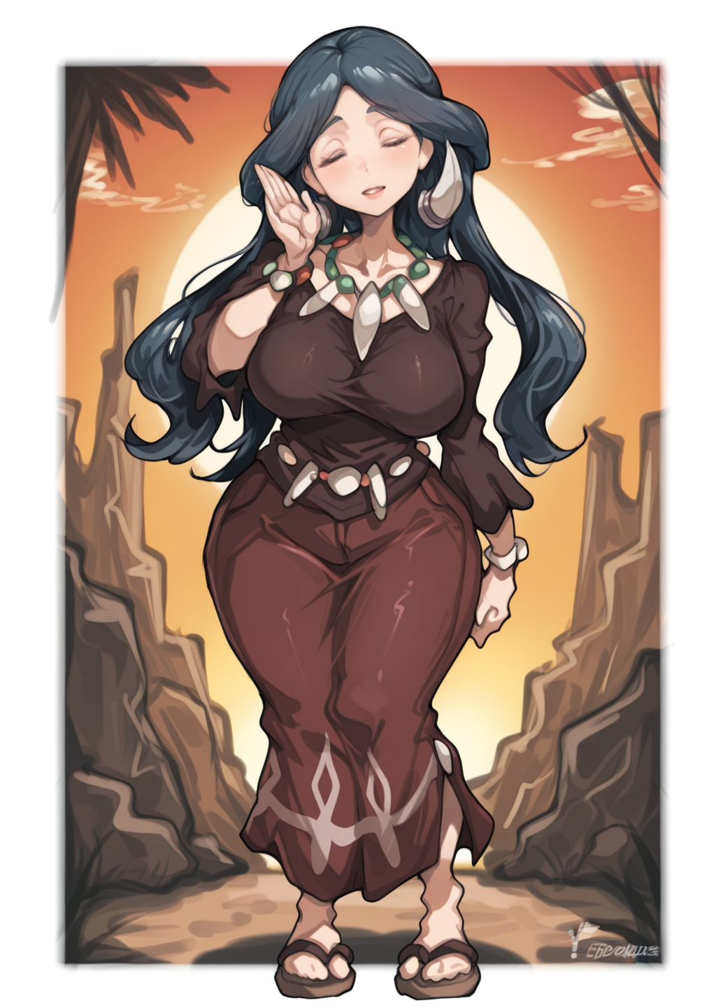score_9, score_8_up, score_7_up, score_6_up, score_5_up, score_4_up, masterpiece,  detailed, high quality, BREAK, full body, 1girl, shiny skin,    <lora:Drasna (Pokemon X&Y) [Illustrious]:0.8> long hair, black hair, necklace, drasna (pokemon), drasna, eyes closed, hairpiece, closed eyes, mature female,  <lora:iparupua_style_lora_ILL:0.8> iparupua, by iparupua