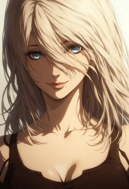 Score_9, Score_8_up, Score_7_up, 1girl, solo, mole, mole_under_mouth, long_hair, blue_eyes, breasts, tank_top, elbow_gloves, gloves, looking_at_viewer, smile, upper_body, hair_between_eyes, bare_shoulders, collarbone, black_gloves, white_hair, cleavage, lips, black_tank_top, android, closed_mouth, pink_lips, robot_joints, medium_breasts, A2