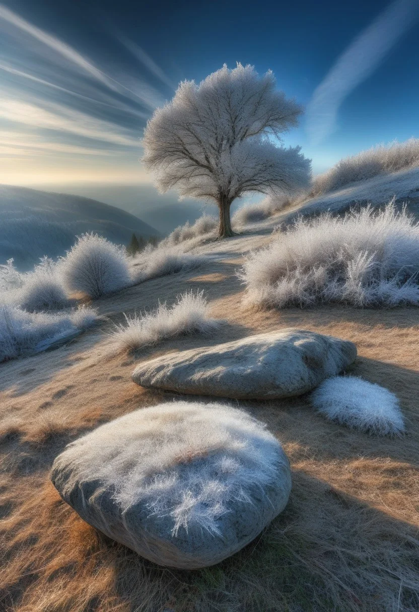 epic landscape, HDR, detailed, morning frost world, outdoor, tree, sky, cloud, day, nature, forest, rock, mountain