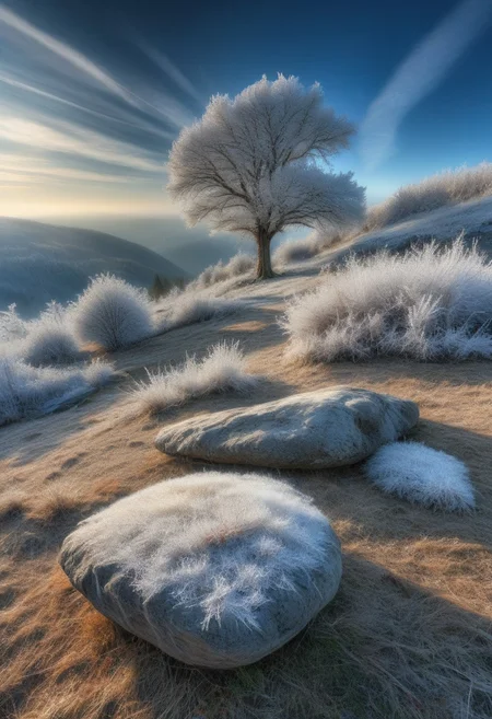 epic landscape, HDR, detailed, morning frost world, outdoor, tree, sky, cloud, day, nature, forest, rock, mountain