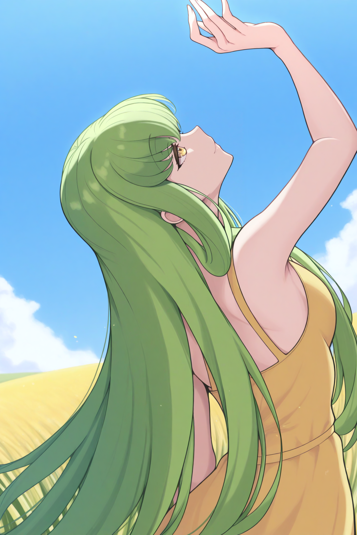 masterpiece, best quality, 1girl, solo, <lora:cgcc-illu-nvwls-v1-000006:1> cccdg, green hair, very long hair, sidelocks, yellow eyes, yellow sundress, from behind, field, looking up, blue sky, hand up, smile