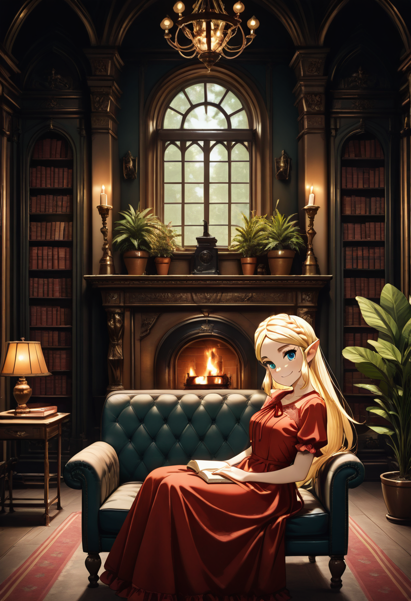 masterpiece, best quality, 1girl, solo, eyelashes, (beautiful eyes), detailed face, head tilt, side view, detailed window, sitting,    d4rk4c4dem1a, chair, table, fire, plant, couch, bookshelf, potted plant, lamp, candle, candlestand, chandelier, fireplace, book,   red dress, crown braid, princess zelda, smile, close up,   ,<lora:DarkAcademia_IXL:0.8>,