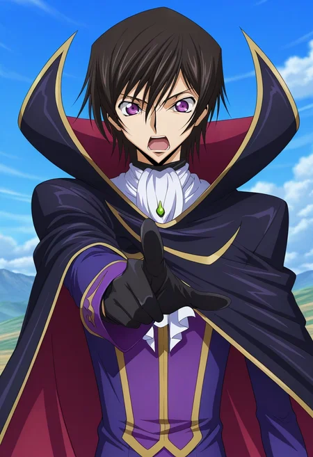masterpiece, best quality, intricate details, anime screencap, , official style, , 1boy, solo, male focus, <lora:lelouch_lamperouge_ilxl:1>, lelouch_lamperouge, black hair, purple eyes, hair between eyes, bangs, short hair, , cape, ascot, gloves, pointing at the sky, wide eyes, excited expression, standing pose, natural light, Camo joggers, Herringbone Western shirt, Chelseas, ,