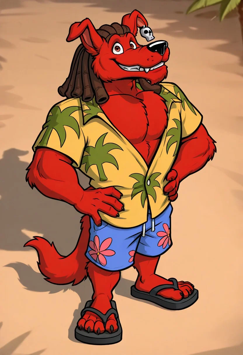 masterpiece, ultra detailed, amazing quality, absurdres, very aesthetic, no humans, solo focus, male focus, furry male, 1boy, from above, mini person, short,
d_w0lf_mon, red fur, red body, body fur, elbow tuft, brown hair, dreadlocks, brown eyes, long snout, black nose, single earring, skull earring, smile, fangs, looking at viewer, grin, teeth, wide-eyed, facial hair, chin tuft, wrinkles, mature male, droopy ears, muscular, chest tuft, pectoral cleavage, yellow shirt, collared shirt, hawaiian shirt, palm tree print, short sleeves, partially unbuttoned, blue shorts, swimming trunks, floral print shorts, leaning back, head back, standing, hands on hips, looking up, finger claws, tail, sandals, toe claws, perfect hands, perfect feet, 5 fingers, 4 toes, looming, low-angle view,
BREAK
patterned background, psychedelic background, perfect lighting, shadow,