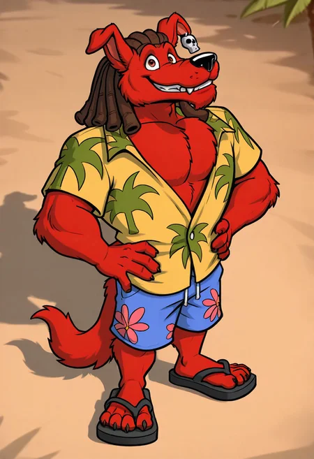 masterpiece, ultra detailed, amazing quality, absurdres, very aesthetic, no humans, solo focus, male focus, furry male, 1boy, from above, mini person, short, 
d_w0lf_mon, red fur, red body, body fur, elbow tuft, brown hair, dreadlocks, brown eyes, long snout, black nose, single earring, skull earring, smile, fangs, looking at viewer, grin, teeth, wide-eyed, facial hair, chin tuft, wrinkles, mature male, droopy ears, muscular, chest tuft, pectoral cleavage, yellow shirt, collared shirt, hawaiian shirt, palm tree print, short sleeves, partially unbuttoned, blue shorts, swimming trunks, floral print shorts, leaning back, head back, standing, hands on hips, looking up, finger claws, tail, sandals, toe claws, perfect hands, perfect feet, 5 fingers, 4 toes, looming, low-angle view, 
BREAK 
patterned background, psychedelic background, perfect lighting, shadow,