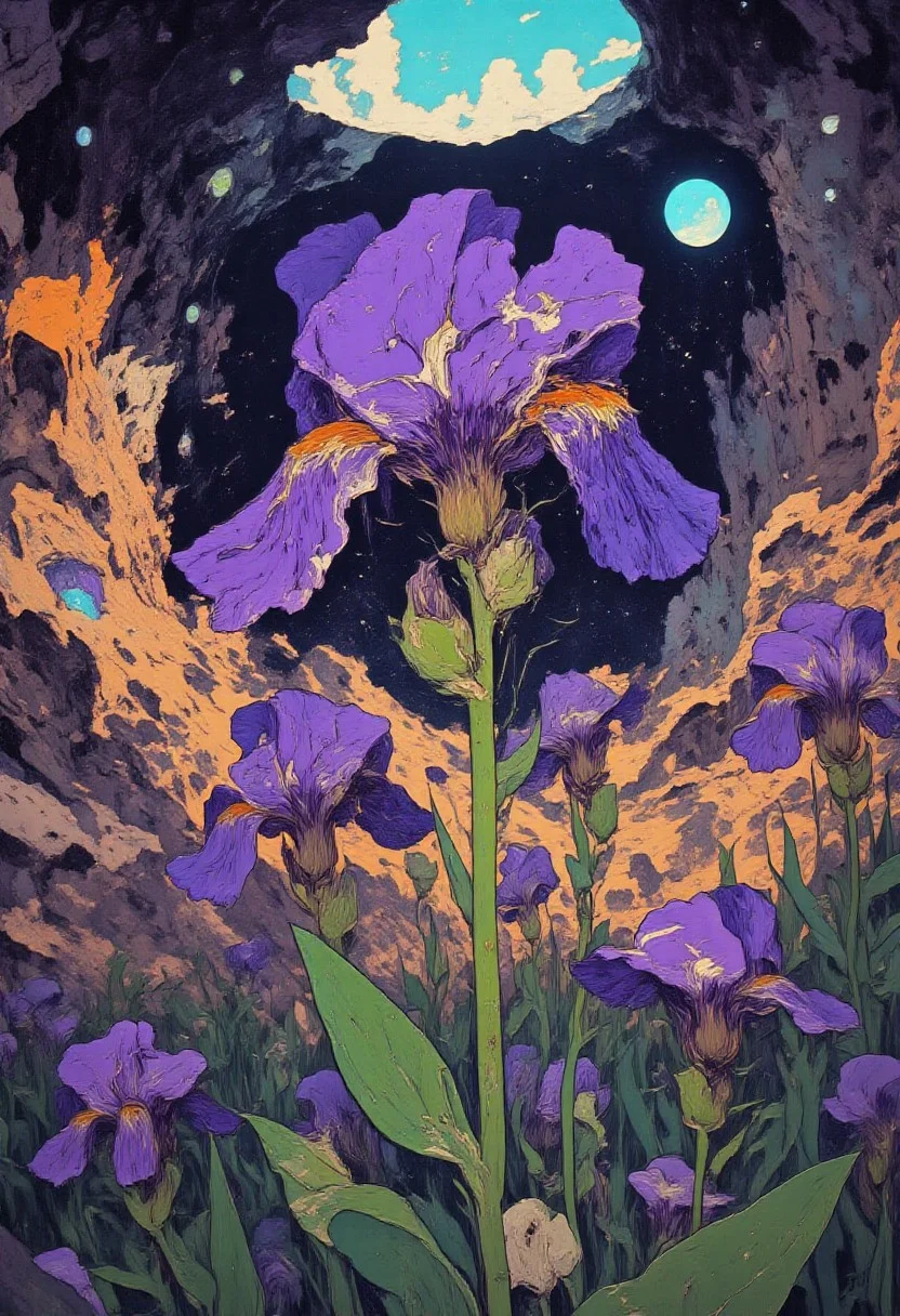 anime, cyberpunk, DB4RZ, DB4RZ style painting, in the style of cksc, dreadmirthart, flower landscape, iris flower