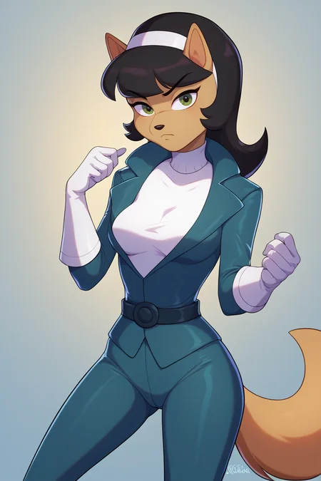score_9, score_8_up, score_7_up, BREAK <lora:kadath-guy-PONYv1:1>, 1girl, solo, breasts, furry,  <lora:kittykatswell-guy-PONYv1:0.95> kittykatswell, furry, animal ears, hairband, white gloves, jacket, white shirt, turtleneck, pants, belt, bodysuit