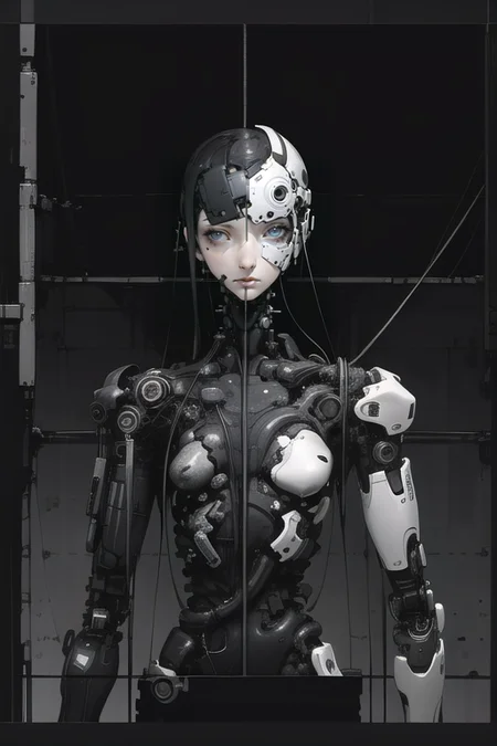 (masterpiece), (best quality), (high resolution), hyper detailed, solo, girl, detailed_background, cables, dim light,  cyborg girl, <lora:epiNoiseoffset_v2:1.3>, <lora:blameLora_v10:1>