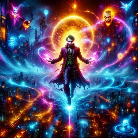 Cyberspace, PEJoker, An epic photo of The Joker floating in cyberspace, ((created by glowing magical energy in cyberspace)), virtual reality, (hologram:0.6), digital city, (matrix inspired landscape:1.2), neon streets, (cyberpunk art:0.8), cyberpunk netrunner's digital world, realistic, masterpiece, best quality, highly detailed, sharp focus, dynamic lighting,