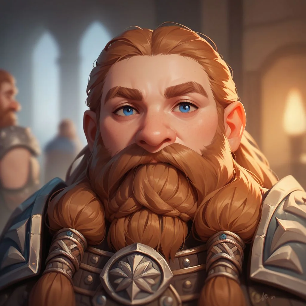 (((beautiful, high quality))), upper Body, score_9, score_8_up, score_7_up,
Dwarf, short stature, big nose, 1boy, male focus, brown beard with pigtails, armor, blue eyes,
looking at the viewer, posing, blurred background,