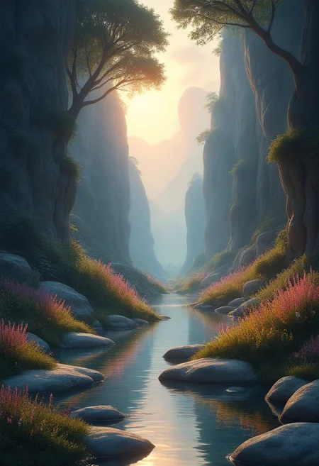 A serene fantasy landscape with intricate detail, soft lighting casting a warm glow over rolling hills and dense forests. The mood is peaceful yet magical, from a low-perspective angle that emphasizes vastness and wonder. The setting includes crystal-clear streams, vibrant wildflowers, and ethereal creatures floating above. Textures like smooth stone, detailed plant life, and reflective water surfaces add depth. Genres blend seamlessly into the scene's natural beauty with no overtly sexual elements. This prompt ensures a balance of detail and creativity to bring the image to life.