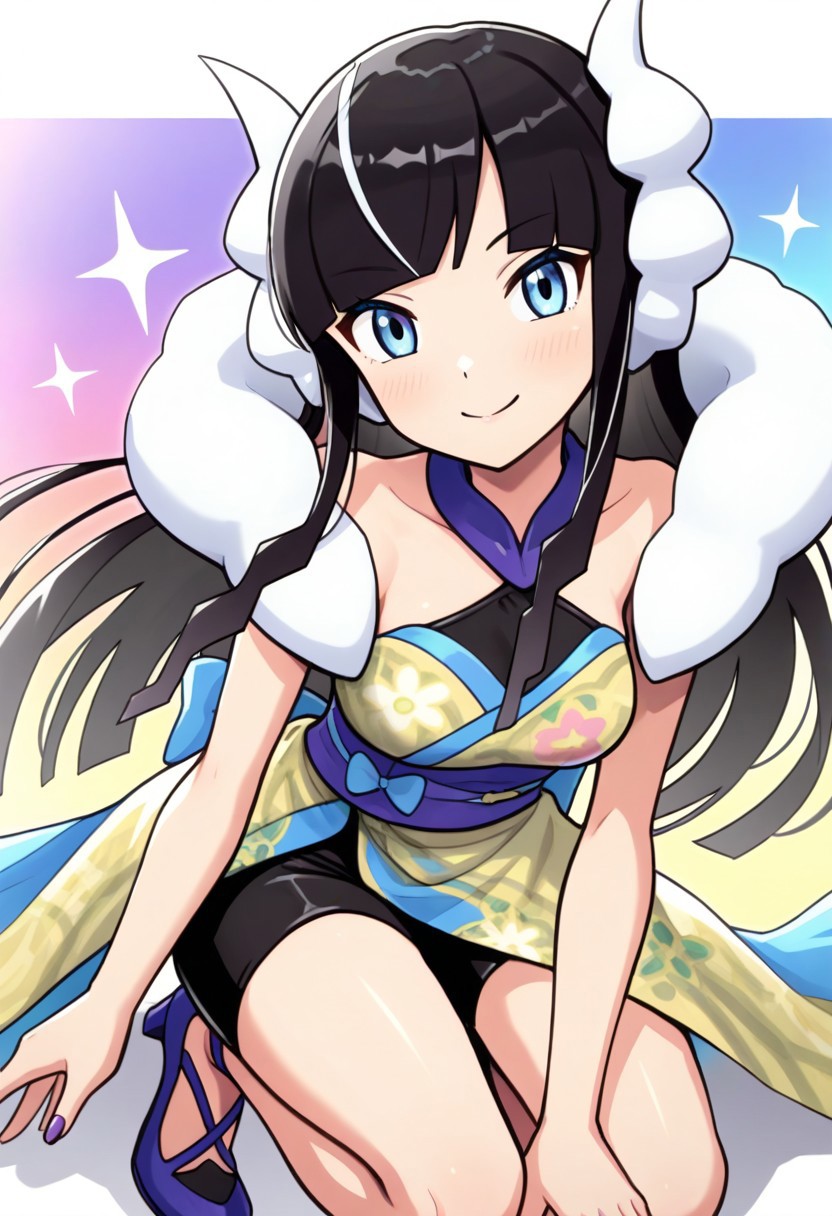 hinosaki, [[[pokemoa, gonzarez]]], 2d, masterpiece, best quality, amazing quality, 1girl, solo, close-up, squatting, smile, leaning_forward, looking at viewer, multicolored background, sparkle, gradient background, colorful background, color splashes, ssaelesa, blue eyes, long hair, black hair, multicolored hair, sidelocks, headphones, fur collar, halter dress, sleeveless, bare shoulders, black shorts, japanese clothes, blue sash, purple nails, high heels, blue footwear
