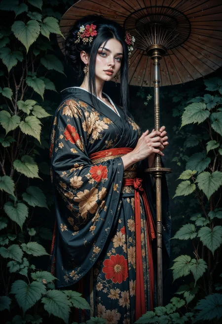 a highly detailed, dark-themed photograph of a woman dressed in traditional Japanese attire, set against a lush, dense background of green foliage. The woman, with a pale complexion, has striking white makeup on her face, accentuating her sharp, red-painted lips and dramatic, dark eye makeup. Her hair is styled in an elaborate updo adorned with ornate, floral hair accessories, and she wears a large, brown, traditional Japanese parasol with intricate patterns.
Her kimono is a rich, dark fabric with a luxurious, intricate design featuring gold and red floral motifs. The kimono is cinched at the waist with a wide, red obi sash, adding a vibrant contrast to the dark tones of her outfit. She holds a long, slender sword in her right hand, resting it gently on the ground, while her left hand is gracefully poised near her waist, suggesting a poised and elegant stance.
The lighting is dim and moody, casting deep shadows that enhance the mysterious and haunting atmosphere of the image. The textures of the kimono fabric, the parasol, and the foliage are meticulously captured, adding to the overall richness and detail of the photograph.