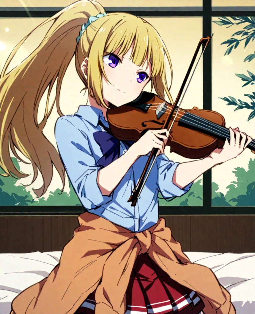 solo,<lora:xtq:0.7>,violin,instrument,playing instrument,holding,bow \(music\),holding instrument,<lora:Vincent_Sketch_Manga:1>,daiton,<lora:KaruizawaJitsukyo_AnimagineXLV3:0.7>,karuizawa,1girl,blonde hair,ponytail,hair scrunchie,blunt bangs,purple eyes,blunt bangs,purple eyes,blue shirt,collared shirt,bowtie,clothes around waist,pleated skirt,red skirt,flowing hair and clothes,smile,bedroom,early morning,lens flare,window sill,willow leaves,cool breeze,, masterpiece,best quality,very aesthetic,absurdres,8k,<lora:ä¿®æsl:1>,