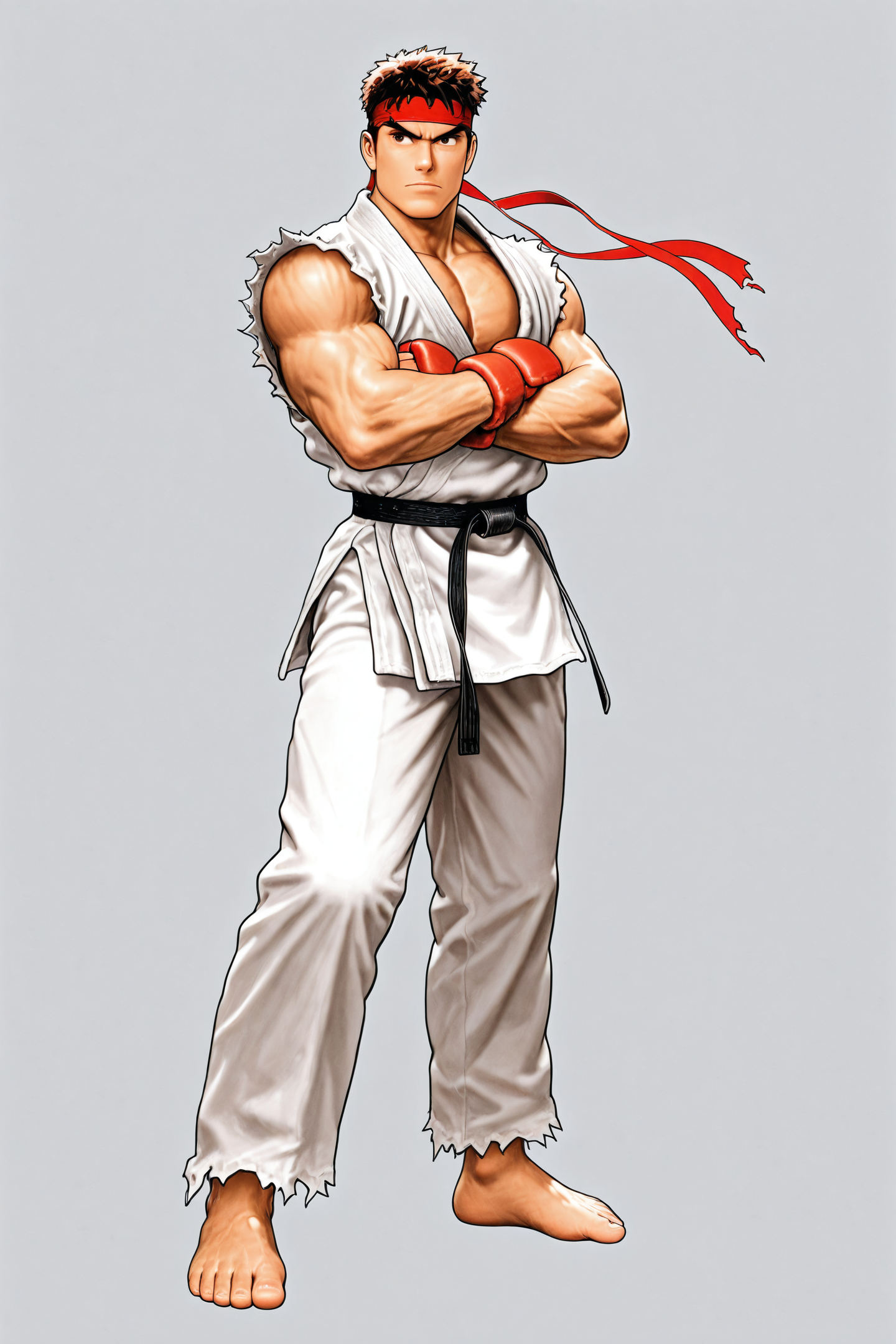 1boy,ryu \(street fighter\),white dougi,solo,male focus,headband,barefoot,gloves,brown hair,fingerless gloves,torn clothes,muscular,pectorals,martial arts belt,expressionless,crossed arms,traditional media,
<lora:shinkiro_illustriousXL:1>,