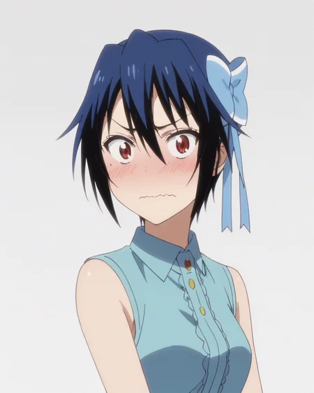 score_9, score_8_up, score_7_up, best quality, masterpiece, anime, anime screencap, anime coloring, looking at viewer, 1girl, solo, upper body, simple background, solid white background, <lora:seishirou-nisekoi:0.8>, seishirou tsugumi, hair bow, blue collared dress, sleeveless, blush, wavy mouth