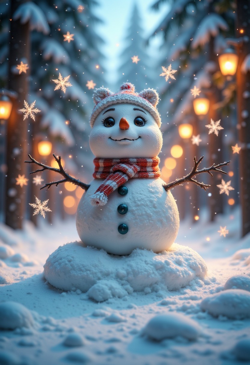 A cute snowman with big, sparkling eyes, surrounded by floating snowflakes shaped like hearts, sitting on a pile of snow in a magical snowy park, surrounded by glowing, colorful lanterns and soft golden light.