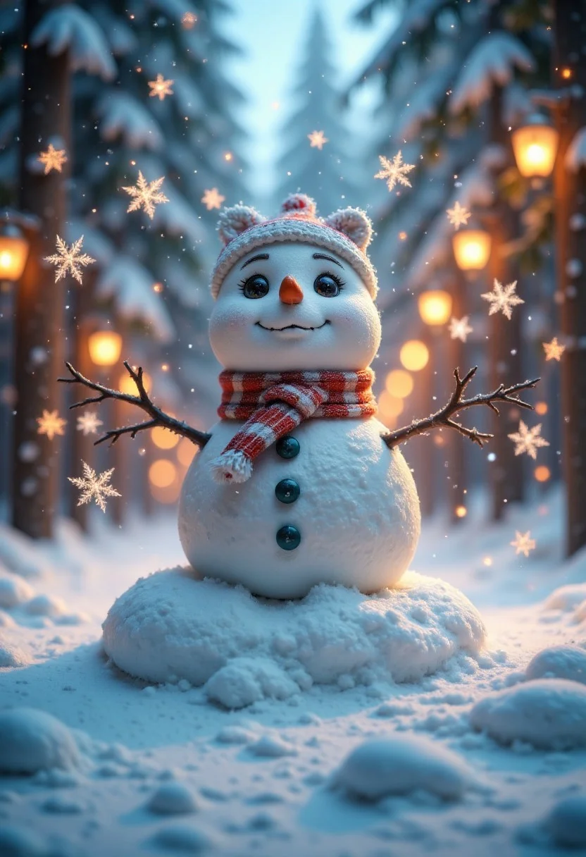 A cute snowman with big, sparkling eyes, surrounded by floating snowflakes shaped like hearts, sitting on a pile of snow in a magical snowy park, surrounded by glowing, colorful lanterns and soft golden light.
