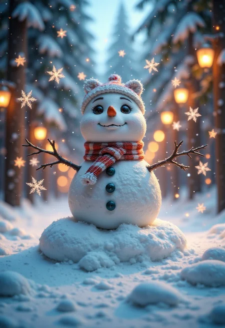 A cute snowman with big, sparkling eyes, surrounded by floating snowflakes shaped like hearts, sitting on a pile of snow in a magical snowy park, surrounded by glowing, colorful lanterns and soft golden light.