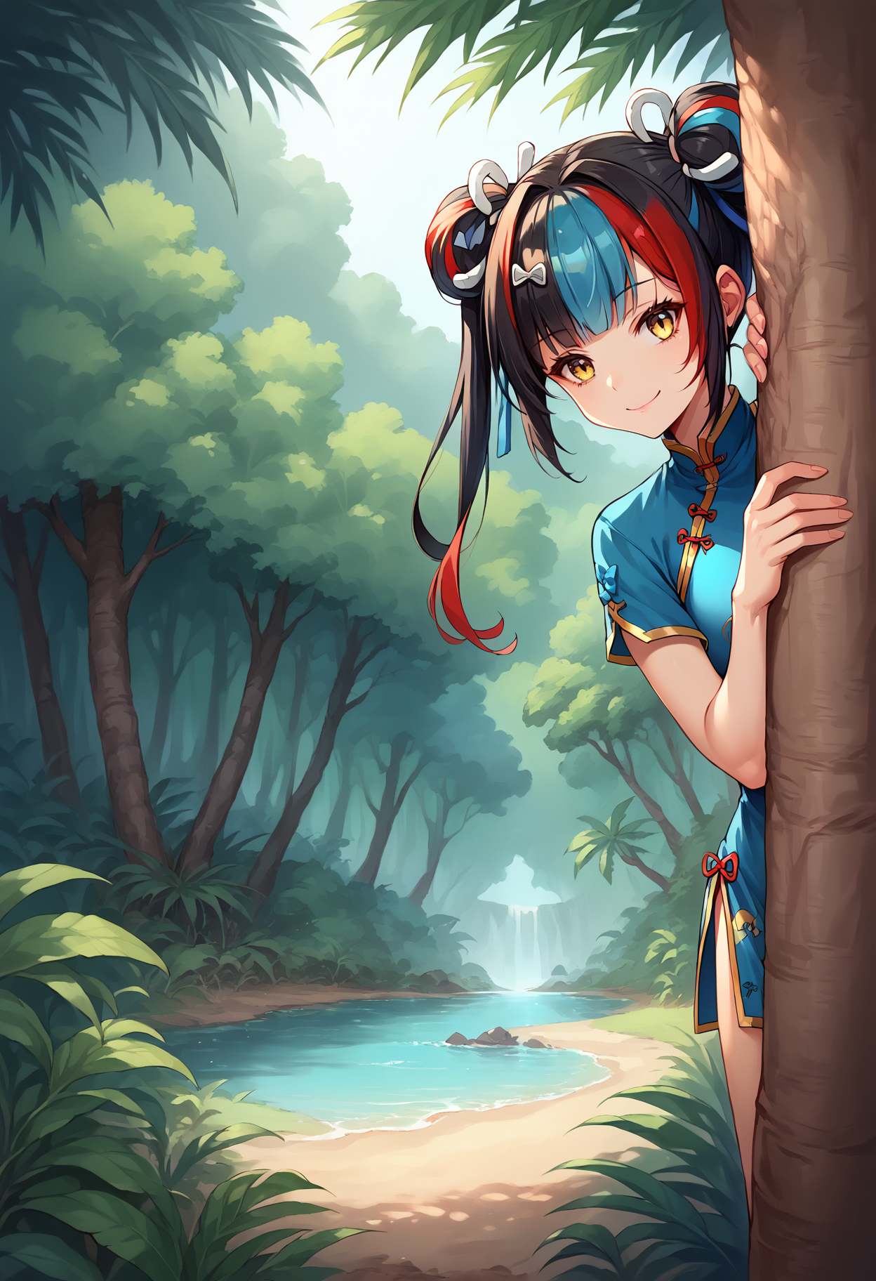 score_9, score_8_up, score_7_up, source_anime, 1girl, solo, looking at viewer, long hair, twintails, multicolored hair, black hair, red hair, blue hair, china dress, chinese clothes, print dress, hair ornament, jungle, outdoors, rainforest, nature, peeking out, upper body, yellow eyes, hair ribbon, behind tree, smile, closed mouth