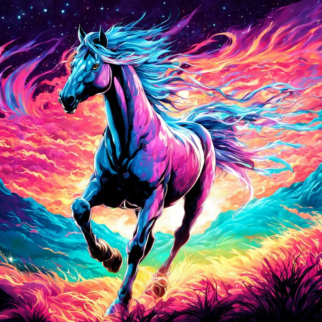 professional 3d model breathtaking anime artwork Epic wide angle shot of a horse made out of (opalescent irradiance:1.25) and colorful energy, space nebula and iridescent colors, excessive energy jolttech in the shape of a horse, running in a grassfield at night by dnmumfrd <lora:dan_mumford_v1:2>, . anime style, key visual, vibrant, studio anime, highly detailed . award-winning, professional, highly detailed . octane render, highly detailed, volumetric, dramatic lighting