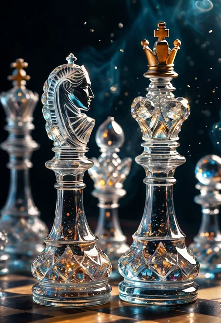 [Masterpiece. Realistic. Transparent Beings. Everything in this universe is made out of sparkling glass crystals. A chess piece made of crystals. Water explosions. Transparent or silver body parts.], detailed, romantic, very inspirational, beautiful, elegant, lovely, cute, pretty, modern, epic composition, fabulous atmosphere, cinematic light, dynamic dramatic ambient, Vibrant Colors , glowing highlights, 
ral-tr33brnch, Arttrttrt, extreme Long Shot, masterpiece, intricate detail, best quality, absurd resolution, Gothic, black stone with golden stripes, elegant, luxury, royal, expensive, 
Stylized chess pieces. Queen chess, Chess game, chess board, luxury and golden design. Photo realistic, cinematic light, concept art. ,