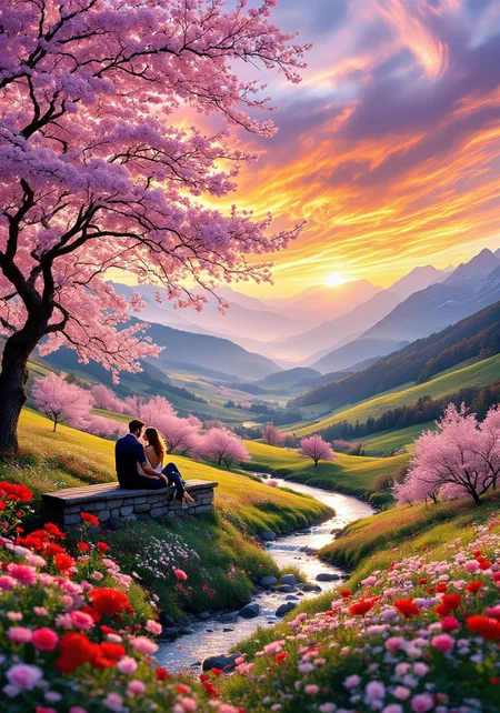 You are an assistant designed to generate superior images with the superior degree of image-text alignment based on textual prompts or user prompts. <Prompt Start> This breathtaking panorama captures a romantic valley at golden hour through the lens of a high-resolution camera. The scene unfolds as two lovers sit on a weathered stone bench beneath blossoming cherry trees, their silhouettes intertwined in quiet intimacy. A meandering river sparkles, weaving through wildflowers with vivid reds, soft pinks, and delicate lavenders dancing in the breeze. The sky erupts into swirling colors—from fiery oranges to pastel purples—casting a warm, ethereal glow across the landscape of gently rolling hills and majestic distant mountains.