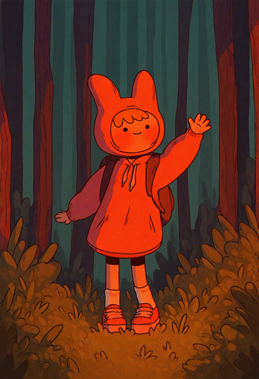 x3t4, masterpiece, cartoon,   best quality, detailed,  solo,   cute girl, forest background, backpack, waving