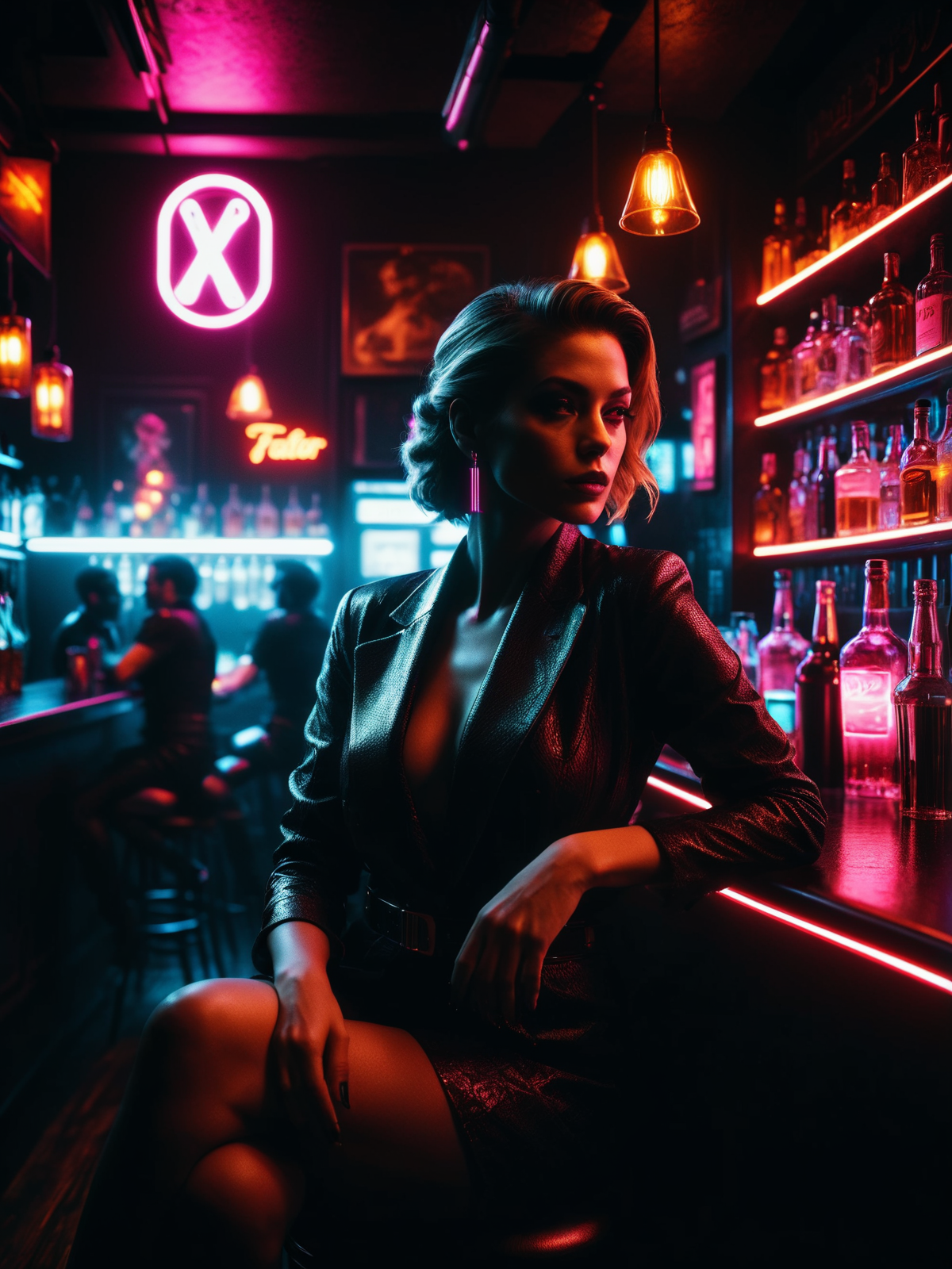 woman sitting at the counter of a bar<lora:Neon_Noir_SDXL:0.7> mad-neon-noir, masterpiece, best quality, ultra high res, (photorealistic, realistic:1.2), deep shadow, raw photo, film grain, Fujifilm XT3, 8k uhd, dslr