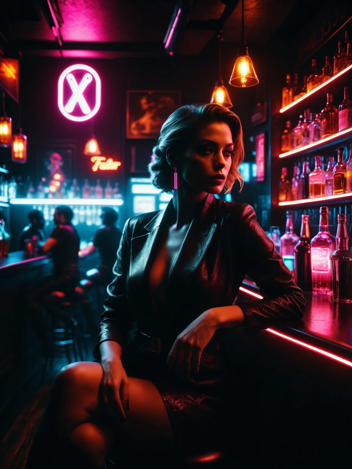 woman sitting at the counter of a bar<lora:Neon_Noir_SDXL:0.7> mad-neon-noir, masterpiece, best quality, ultra high res, (photorealistic, realistic:1.2), deep shadow, raw photo, film grain, Fujifilm XT3, 8k uhd, dslr