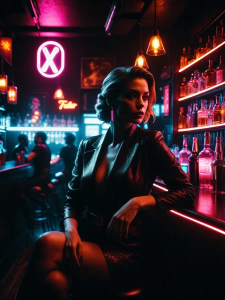 woman sitting at the counter of a bar<lora:Neon_Noir_SDXL:0.7> mad-neon-noir, masterpiece, best quality, ultra high res, (photorealistic, realistic:1.2), deep shadow, raw photo, film grain, Fujifilm XT3, 8k uhd, dslr