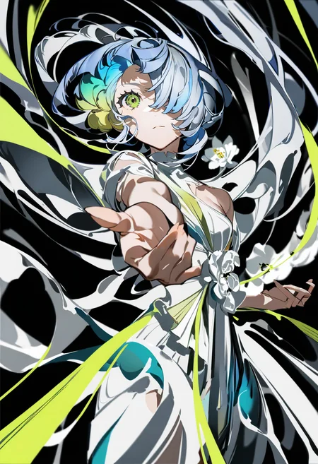masterpiece, best quality, <lora:yoneyamaiXL_ANI31_lokr_V4302:0.95> solo, 1girl, looking at viewer, yellow eyes, black background, flower, reaching, reaching towards viewer, one eye covered, outstretched arm, floating hair, blue hair, cowboy shot, hair over one eye, closed mouth, long hair, grey hair, short hair, multicolored hair, white flower, green eyes, abstract