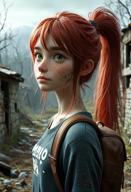 score_9, score_8_up, score_7_up, 1woman, Masterpiece, 4k, ultra high detail, 21yo, small_breast_size, long red ponytail hair, fcNeg, stunning green eyes, freckles, white skin, small nose, innocent beauty, slim cute face, skinny body, red hair,
Alerted look, dry tears, dirty clothes, dirty face,
particles,
Dark sky with stormclouds, ash, falling Ash like dark snow, ruins, wasteland, cityruins, lightly torn gamer_shirt, heavy_torn_dirty_skinny_jeans, dirty_clothes, used_camping_backpack,
End of the World,
negative_hand, NightScapes, ng_deepnegative_v1_75t, green eyes, perfecteyes,