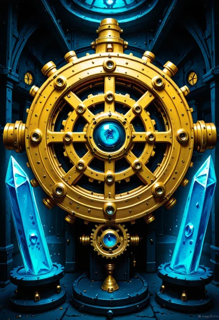 gears made entirely of transparent crystal, each gear glowing with a gemstone-like color. This gear rotates in a magical altar in the middle of a forest illuminated by mystical light.